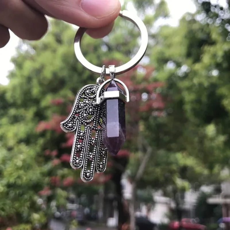 1Pcs Natural Quartz Crystal Point Chakra Healing Stone Gem Stone Pendant Keyring Key Chain Ring Family Gifts