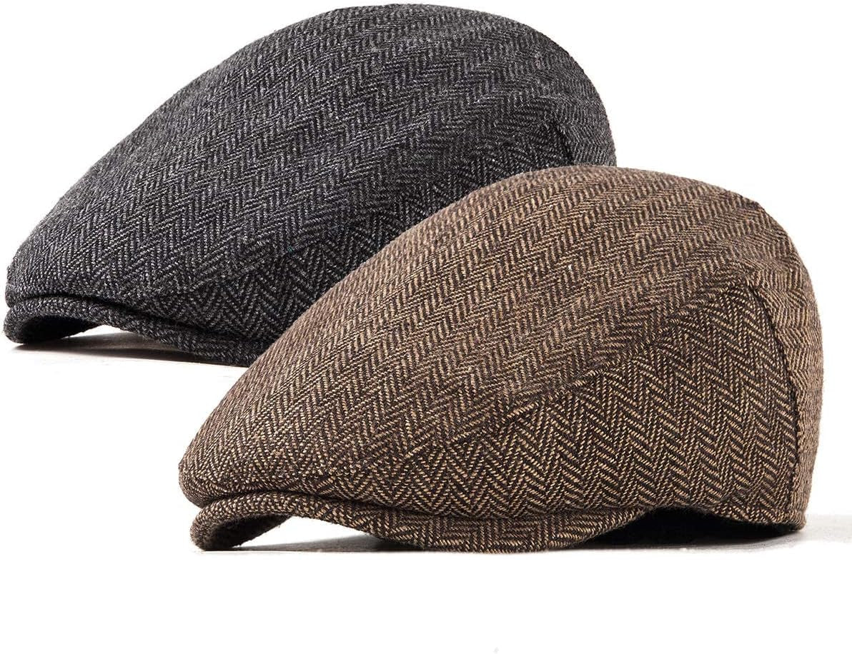 2Pack Adjustable Newsboy Hats for Men Flat Cap Irish Cabbie Wool Blend Tweed