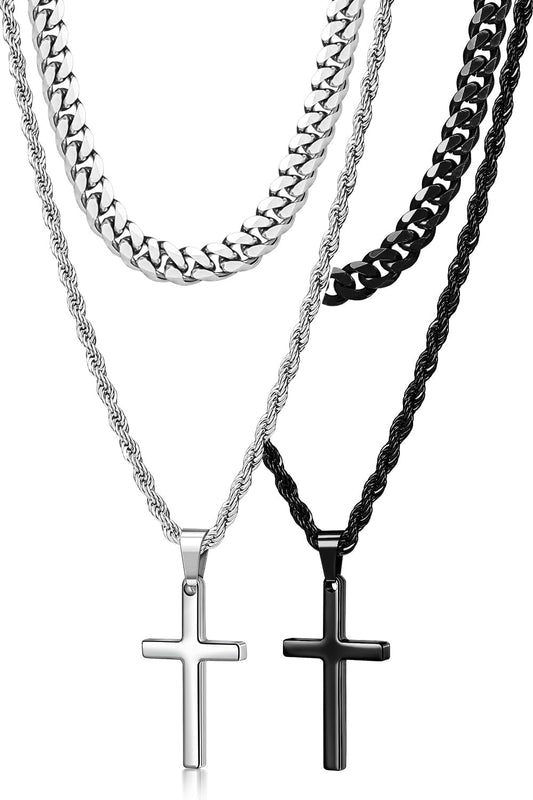 4Pcs Cross Necklace for Men,Stainless Steel Chains for Men Layered Necklaces Silver Gold Black Pendant Jewelry Box Gifts 18-24 Inches