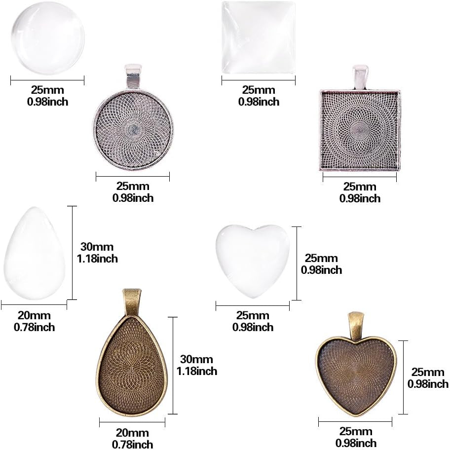 48-Pieces 4 Styles Pendant Trays 24Pcs round & Square & Heart & Teardrop and 24Pcs Bright Glass Cabochon Dome Tiles for Crafting DIY Jewelry Gift Making