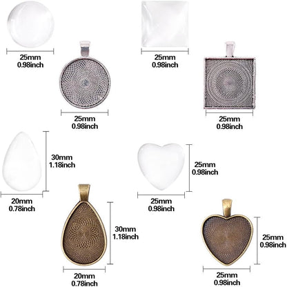 48-Pieces 4 Styles Pendant Trays 24Pcs round & Square & Heart & Teardrop and 24Pcs Bright Glass Cabochon Dome Tiles for Crafting DIY Jewelry Gift Making