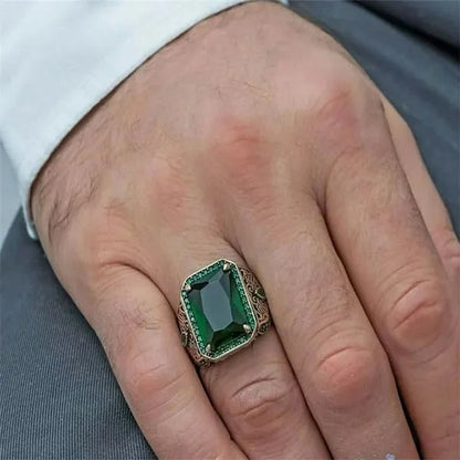 Ring Men's Retro Ethnic Texture Inlaid Large Grain Sapphire, Ruby, Black Gem, Emerald Ring, Domineering Fashion Jewelry Accessories, Father's Day Boyfriend Memorial Day Gift, Party Business Casual Jewelry