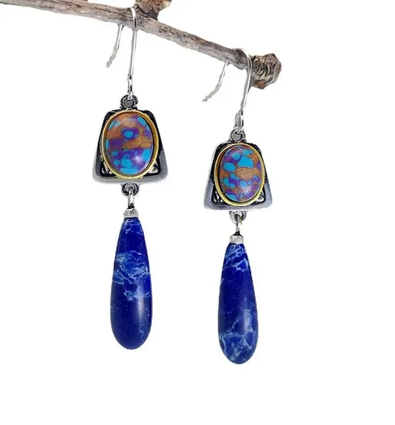 Earrings Bohemian Style Silver Plated Earrings Lapis Blue Stone Dangle Hook Earrings Wedding Engagement Earrings for Women