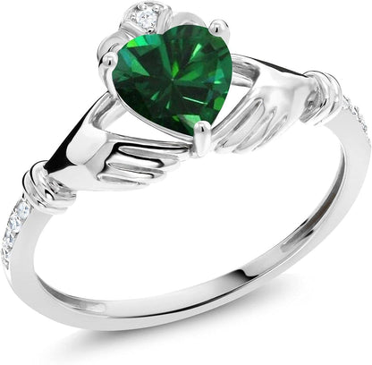 10K White Gold Green Simulated Emerald and White Diamond Irish Celtic Claddagh Ring (0.76 Cttw, Heart Shape 6MM, Available in Size 5, 6, 7, 8, 9)