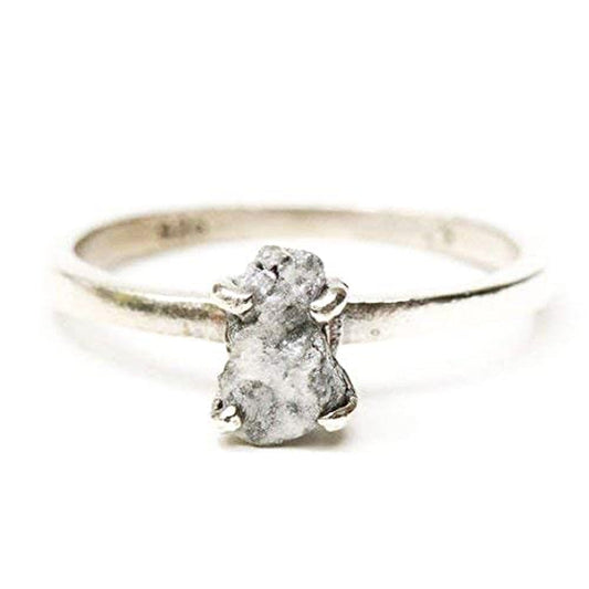Real White/Grey Rough Diamond Ring in Prongs Setting with Sterling Silver High Polished Band - WORLD TIME VISITS