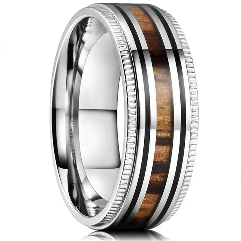 Luxury Jewelry Accessories Plus Size Mens Ring 8mm 316L Stainless Steel Wedding Ring Inlay Koa Wood Sawtooth Edge Titanium Steel Rings for Men - WORLD TIME VISITS