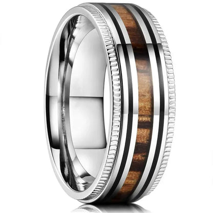 Luxury Jewelry Accessories Plus Size Mens Ring 8mm 316L Stainless Steel Wedding Ring Inlay Koa Wood Sawtooth Edge Titanium Steel Rings for Men - WORLD TIME VISITS
