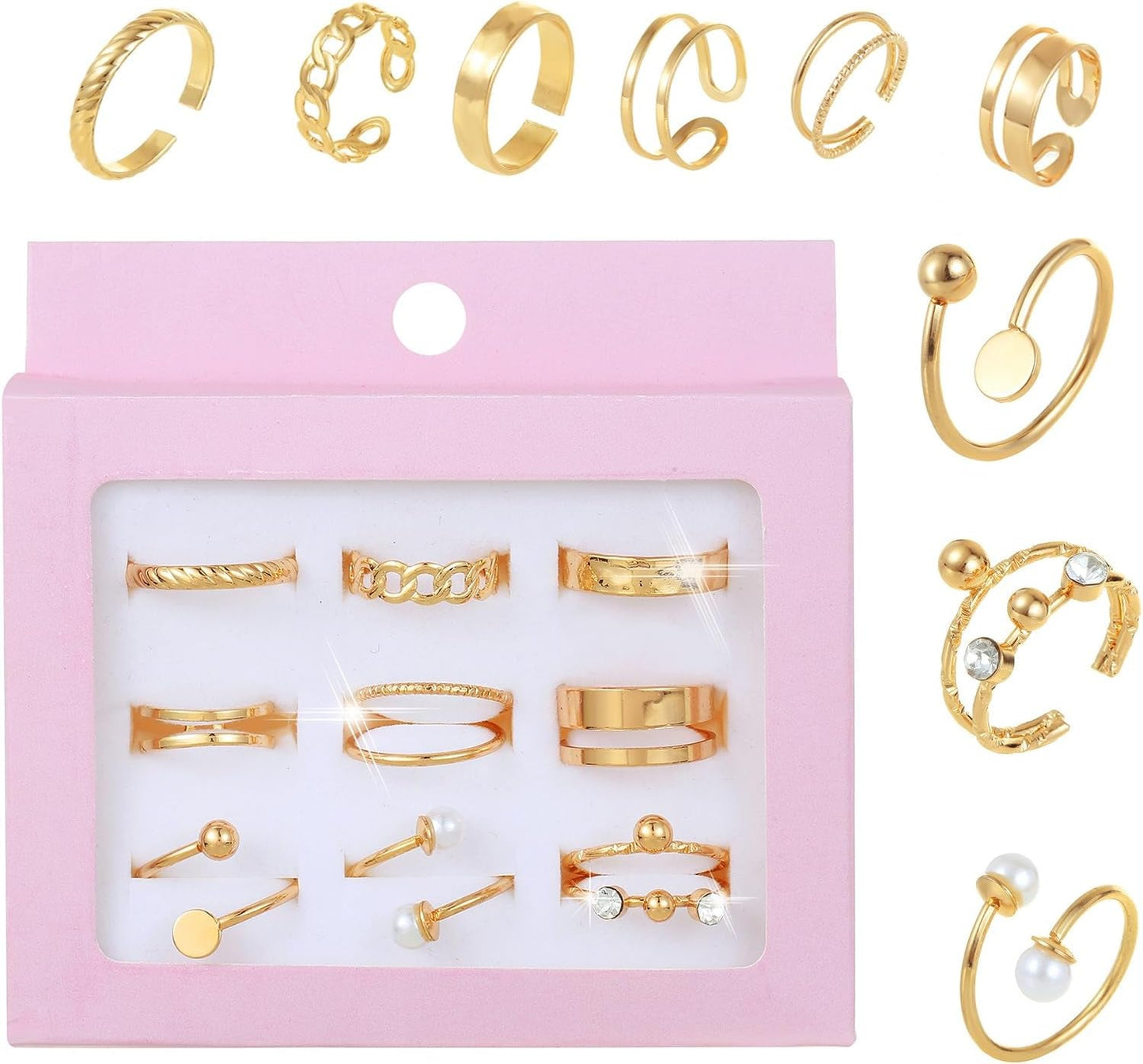 9Pcs Gold Adjustable Rings for Women Stackable Knuckle Ring Set with Pearl Exquisite Simple Fashion Jewelry for Thumb and Knuckles Adjustable Size in Pink Box