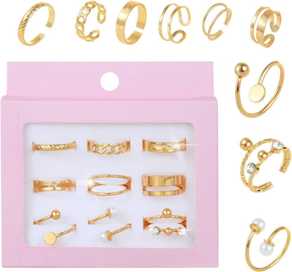 9Pcs Gold Adjustable Rings for Women Stackable Knuckle Ring Set with Pearl Exquisite Simple Fashion Jewelry for Thumb and Knuckles Adjustable Size in Pink Box