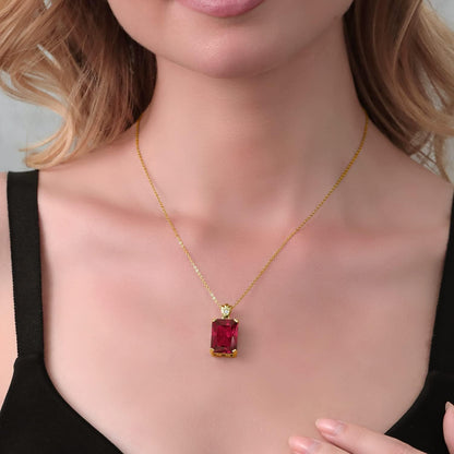 20.03 Cttw 18K Yellow Gold Plated Silver Red Created Ruby and White Topaz Pendant Necklace for Women | Emerald Cut 18X13MM | with 18 Inch Chain