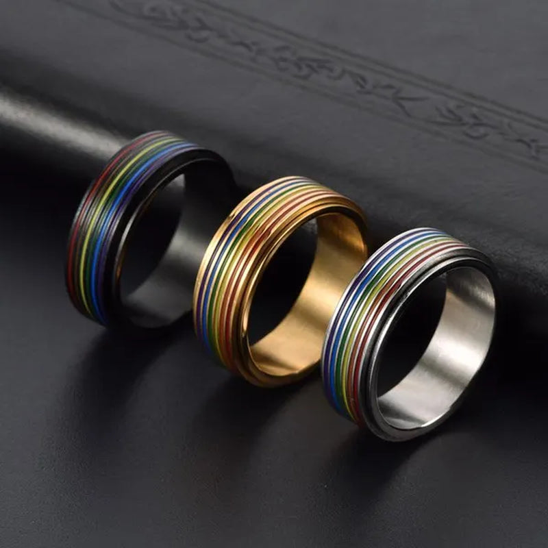 Women Men Multicolor Stripes of Rainbow Stainless Steel Spinner Ring Gay Lesbian LGBT Pride Rings Engagement & Wedding Band Valentines Gift Silver / Gold / Black Size 6-12