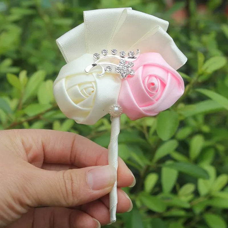 Handmade 8Piece/Lot Colorful Silk Rose Wedding Corsages Boutonniere Groom Diamond Wedding Flowers Boutonniere Brooch Flower