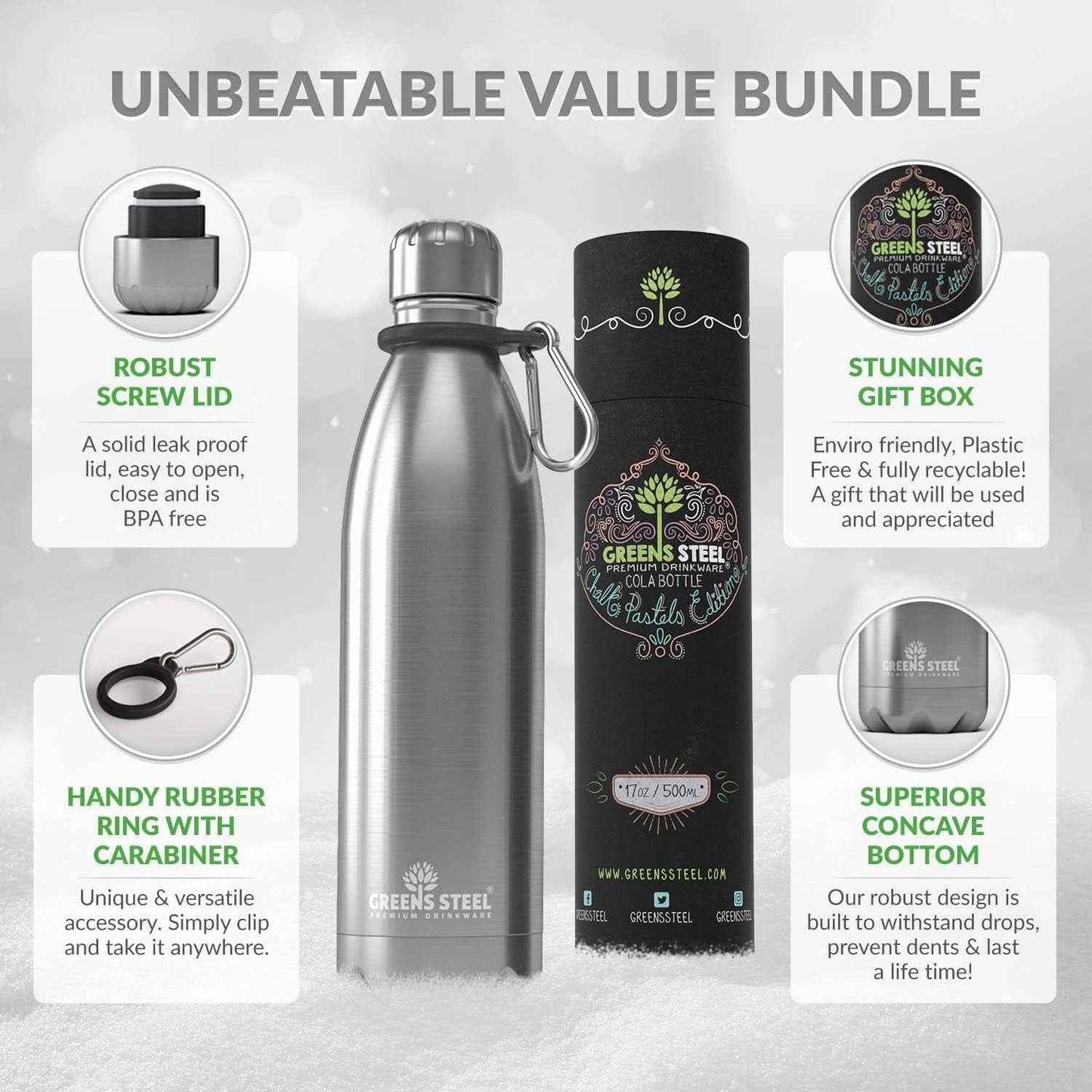 Stainless Steel Water Bottle - 17 Oz, Steel | Vacuum Insulated Double Wall with Screw Lid/Leak Proof | Thermal Travel Sports Canteen Coffee Flask