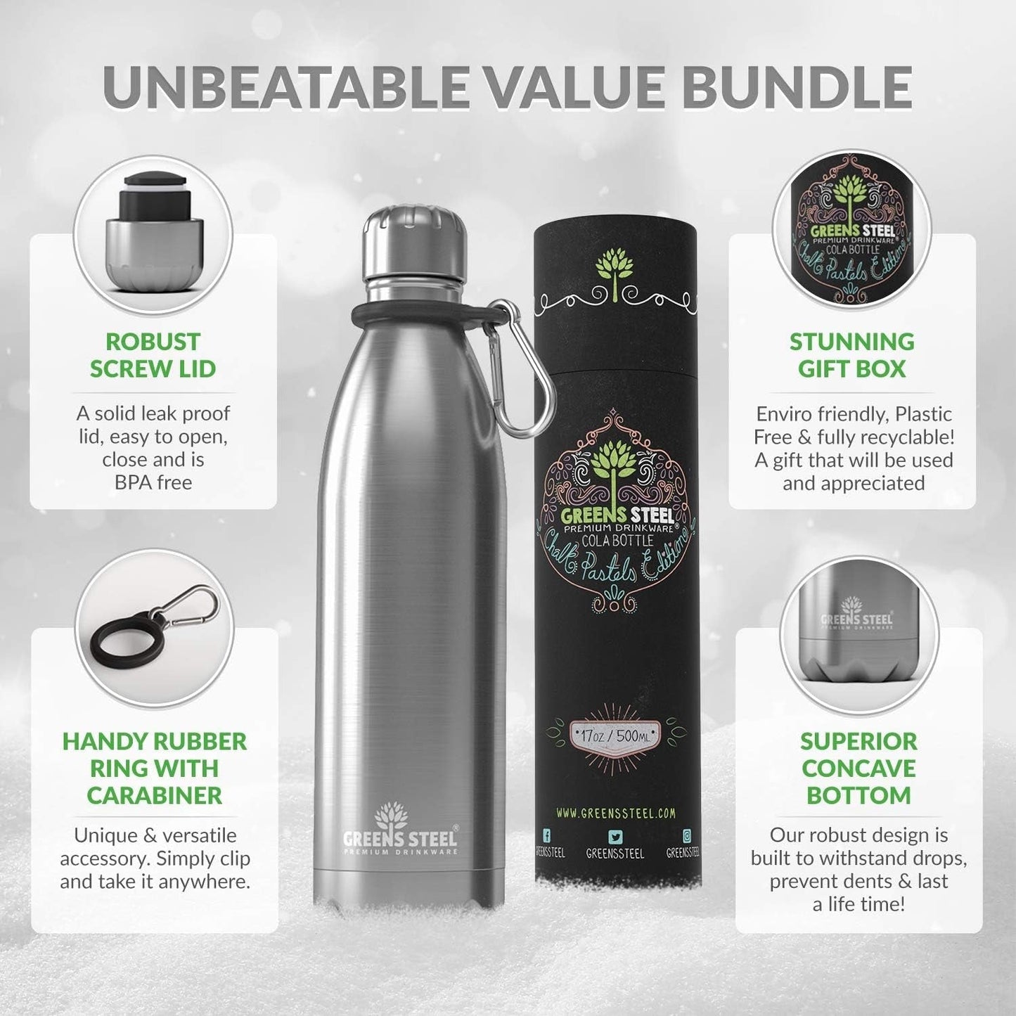 Stainless Steel Water Bottle - 17 Oz, Steel | Vacuum Insulated Double Wall with Screw Lid/Leak Proof | Thermal Travel Sports Canteen Coffee Flask