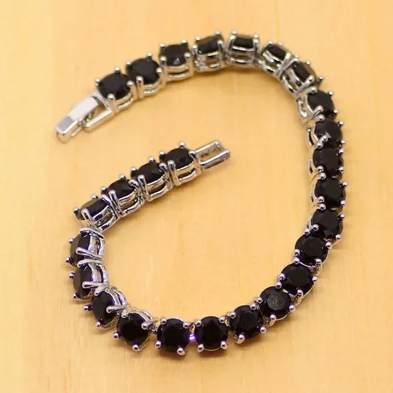925 Sterling Silver Jewelry Black Sapphire White Topaz Round Link Chain Bracelet 7 inch For Women Wedding Free Gift Box