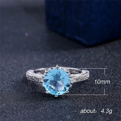 Fashion 2.0ct Round Cut Aquamarine Gemstone Ring Exquisite Silver Carver Flower Diamond Ring Couple Wedding Jewelry