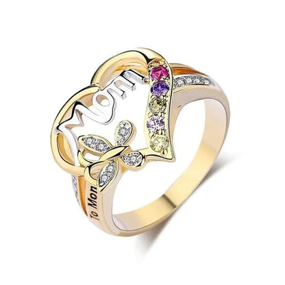 New Women Fashion Heart-Shaped Love Mum Ring Two Tone Gold Silver MOM Character Diamond Jewelry Family Birthday Best Gift for Mother Mummy Party Band Rings Size 5-11