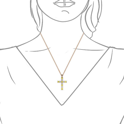 Yellow Sapphire & Natural Diamond (SI2-I1, G-H) Cross Pendant 0.85Ctw 14K Gold. Included 16 Inches 14K Gold Chain.