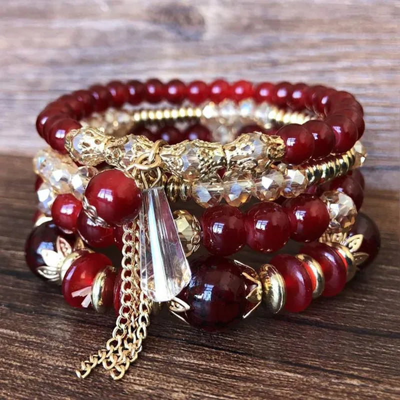 Women's bohemian creative beaded crystal bracelet 4 pack multi-layer beaded fashion bracelet - WORLD TIME VISITS
