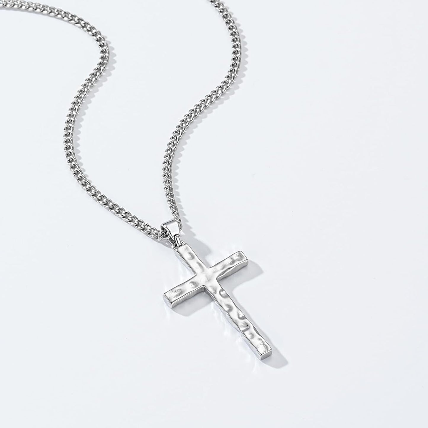 Cross Necklace for Men Boys - Hammered Cross Pendant with Cuban Chain Unique Crucifix Necklaces Christmas Christian Religious Jewelry Gifts 22+2 Inches