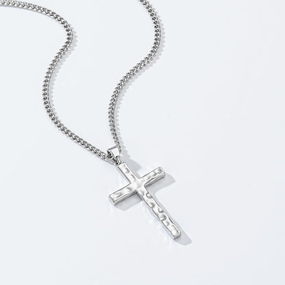 Cross Necklace for Men Boys - Hammered Cross Pendant with Cuban Chain Unique Crucifix Necklaces Christmas Christian Religious Jewelry Gifts 22+2 Inches