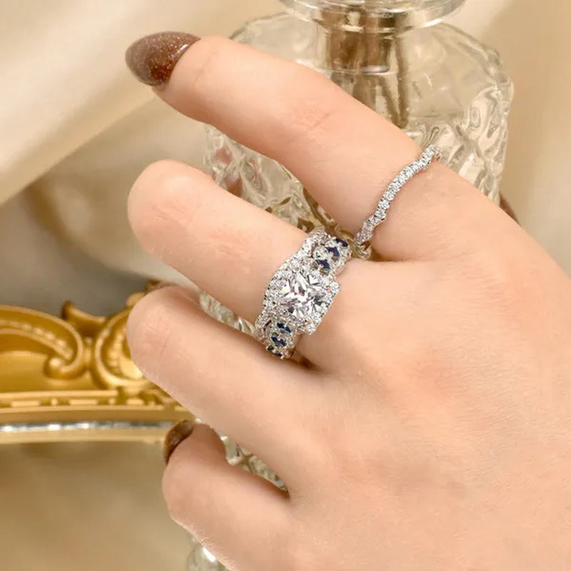 Newshe 3Pcs Princess Halo CZ Wedding Engagement Ring Sets Vintage Style Bridal Sets For Women 925 Sterling Silver Sz 4.5-13