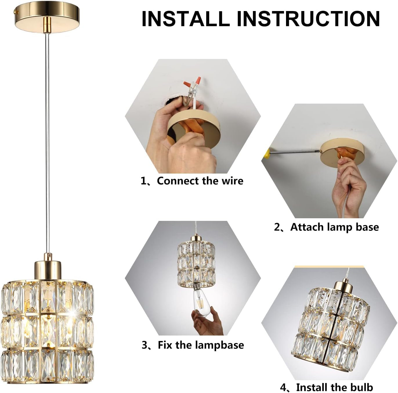 3 Pack Gold Crystal Pendant Light, Modern Glam Light Kitchen Island with ‎E26 Bulb Base, Small Crystal Hanging Lamp for Bar,Dining Room,Corridor,Living Room over Sink