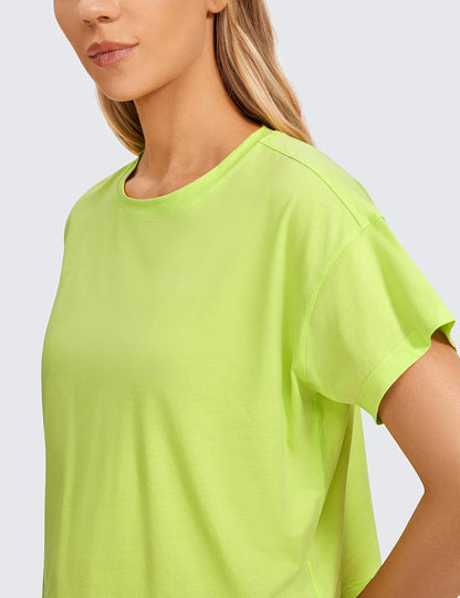 Women'S Pima Cotton Workout Short Sleeve Shirts Loose Athletic Crop Tops Gym Casual Cropped T-Shirt