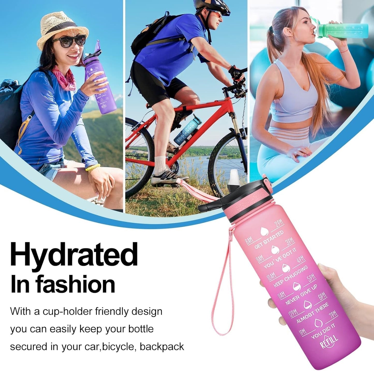 32/24 Oz Water Bottles with Removable Straw & Time Marker, Motivational Sports Bottles with BPA Free Tritan Material, Leakproof Water Jug for Fitness