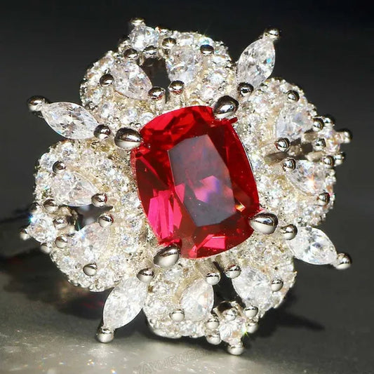 Gorgeous Silver Natural Gemstones White Sapphire & Ruby Ring Wedding Birthstone Bride Engagement Multilevel Square Ring Jewelry Size 6 7 8 9 10