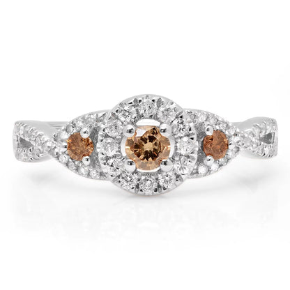 0.50 Carat (Ctw) 10K Gold round Champagne & White Diamond 3 Stone Halo Bridal Engagement Ring 1/2 CT
