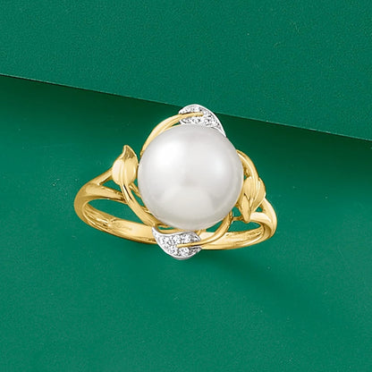 10-10.5Mm Cultured Pearl Leaf Ring with Diamonds in 14Kt Yellow Gold. Size 9
