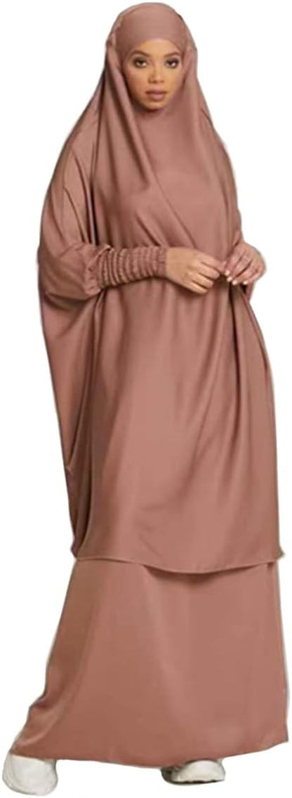 Women Muslim 2 Set Solid Color plus Long Sleeve Thobe One-Size Longuette Overall Abaya Thobe with Hoodied Hijab - WORLD TIME VISITS