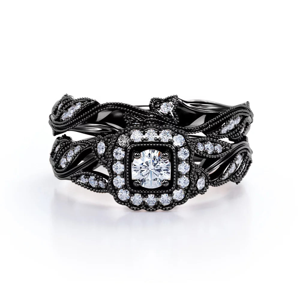 round Diamond - Edwardian Diamond Filigree Ring - Art Deco Style - Wedding Ring Set in 10K Black Gold