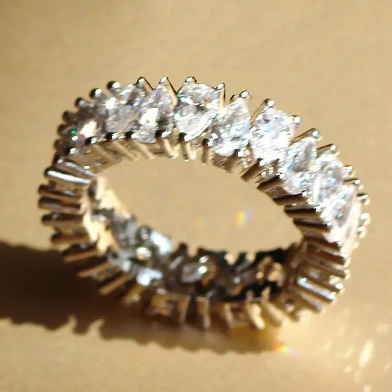 Luxurious  Silver Natural Gemstones White Sapphire Wedding Birthstone Bride Flower Engagement Ellipse Drop Ring Jewelry Size 6 7 8 9 10