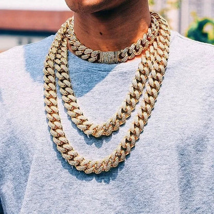 1pc Iced Out Bling Rhinestone Crystal Gold Finish Miami Cuban Link Chain Diamond Gold/925 Silver Men's Hip Hop Necklace or Bracelet Jewelry 8/20/24/28 Inch