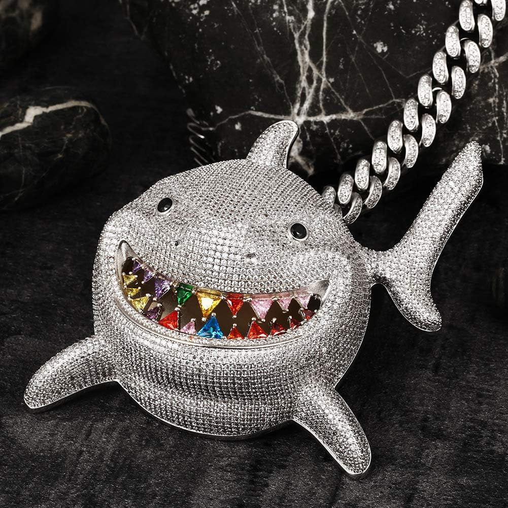 Hip Hop Jewelry 18K Gold Plated 3D Large Shark Pendant Iced Out Premium Zircon Fish Animal Creative Necklace with Free Rope Chain