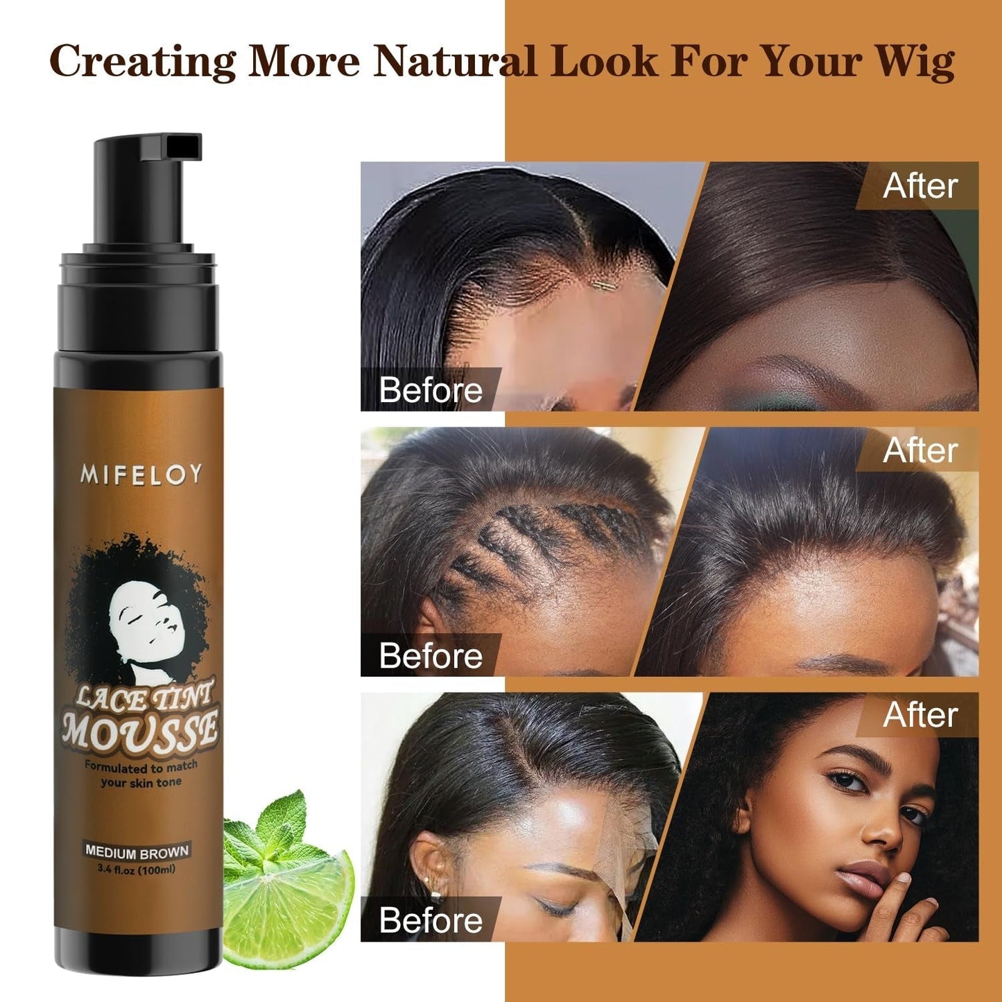 Women'S Hair Mousse Foam 3.4 Fl Oz, Mocha Medium Brown, Natural Finishing Edge Control Lace Spray Glue for Lace Front Wigs, Toupees and Hair Pieces, Bold Hold Set
