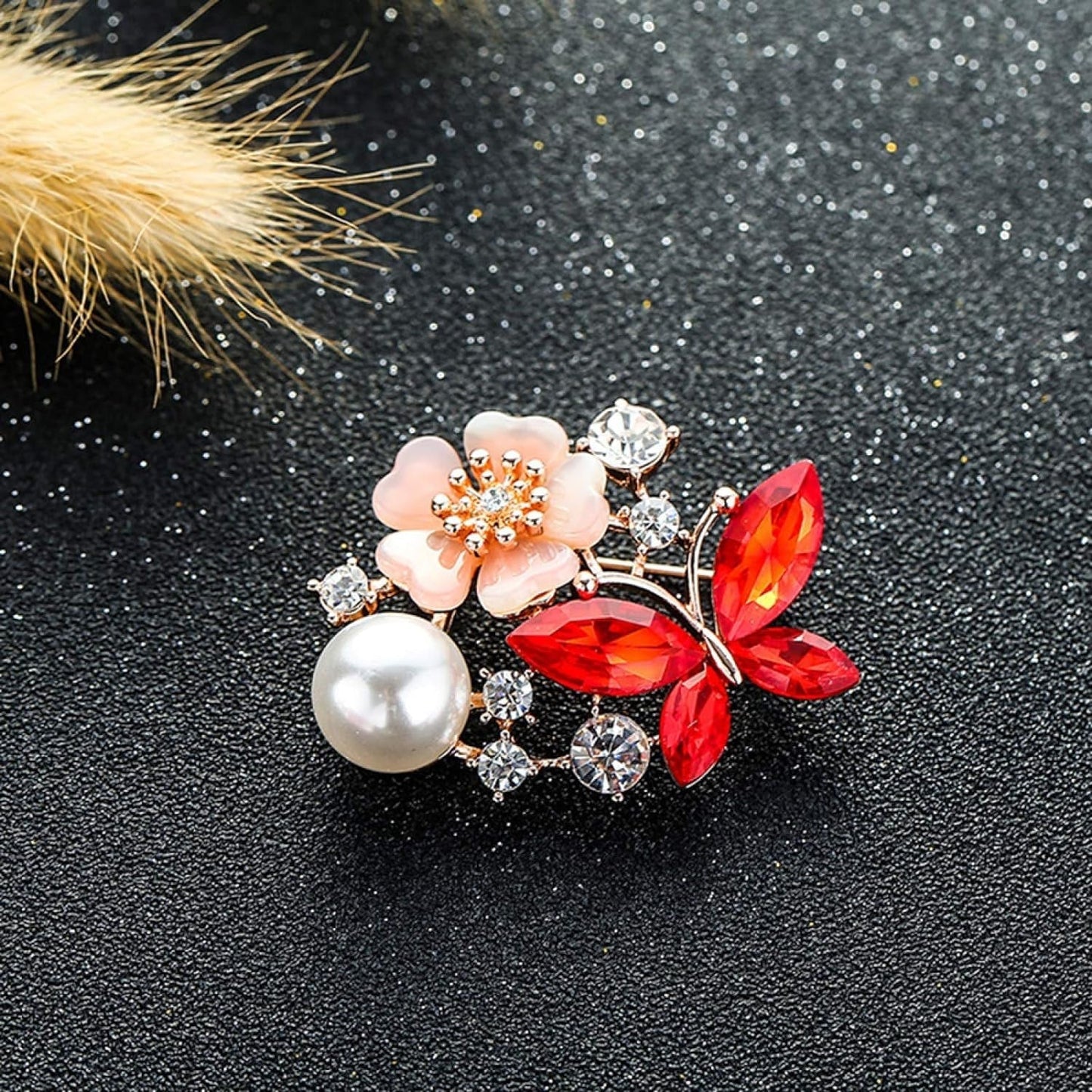Women Faux Quartz Butterfly Flower Imitation Pearl Brooch Pin Lapel Clip Decoration Festival Birthday Gift- Rose Gold Festival Birthday Gift- Blue