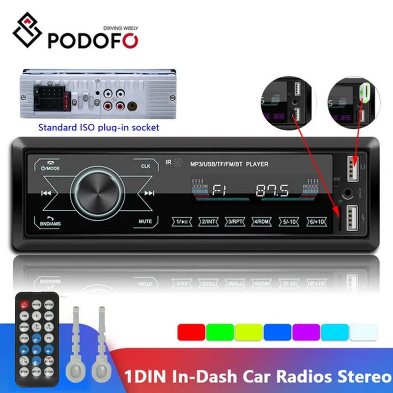 Podofo Autoradio 12V 1Din Car Radio Bluetooth Car Stereo In-Dash Car Audio Phone AUX-IN Fm/Usb/Radio Remote Control MP3 Player - WORLD TIME VISITS