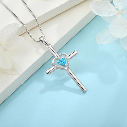 Cross Necklace for Women 925 Sterling Silver Heart Birthstone Pendant Necklace Crucifix Religious Gemstone Jewelry Gift for Women Her Mom Wife Daughter