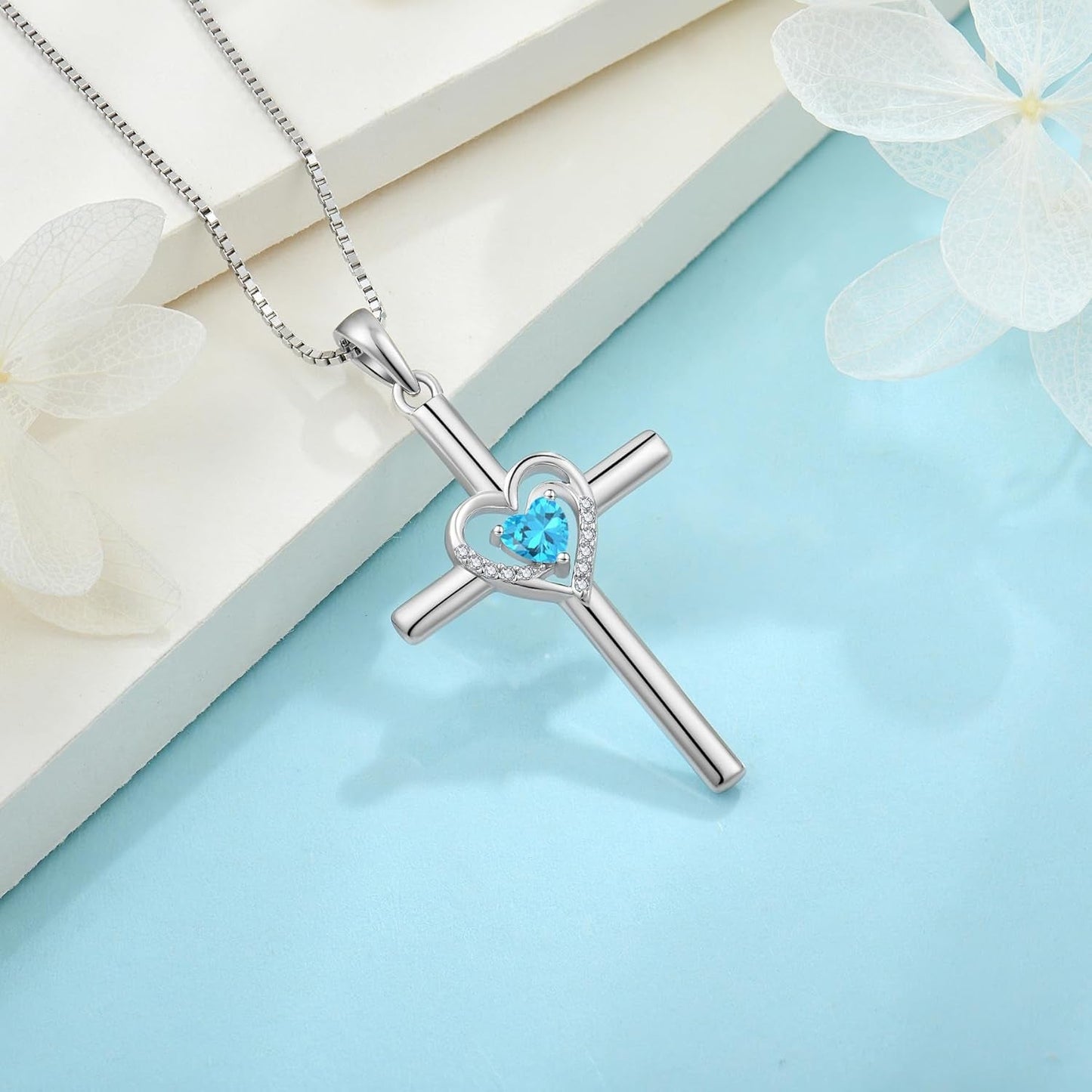 Cross Necklace for Women 925 Sterling Silver Heart Birthstone Pendant Necklace Crucifix Religious Gemstone Jewelry Gift for Women Her Mom Wife Daughter