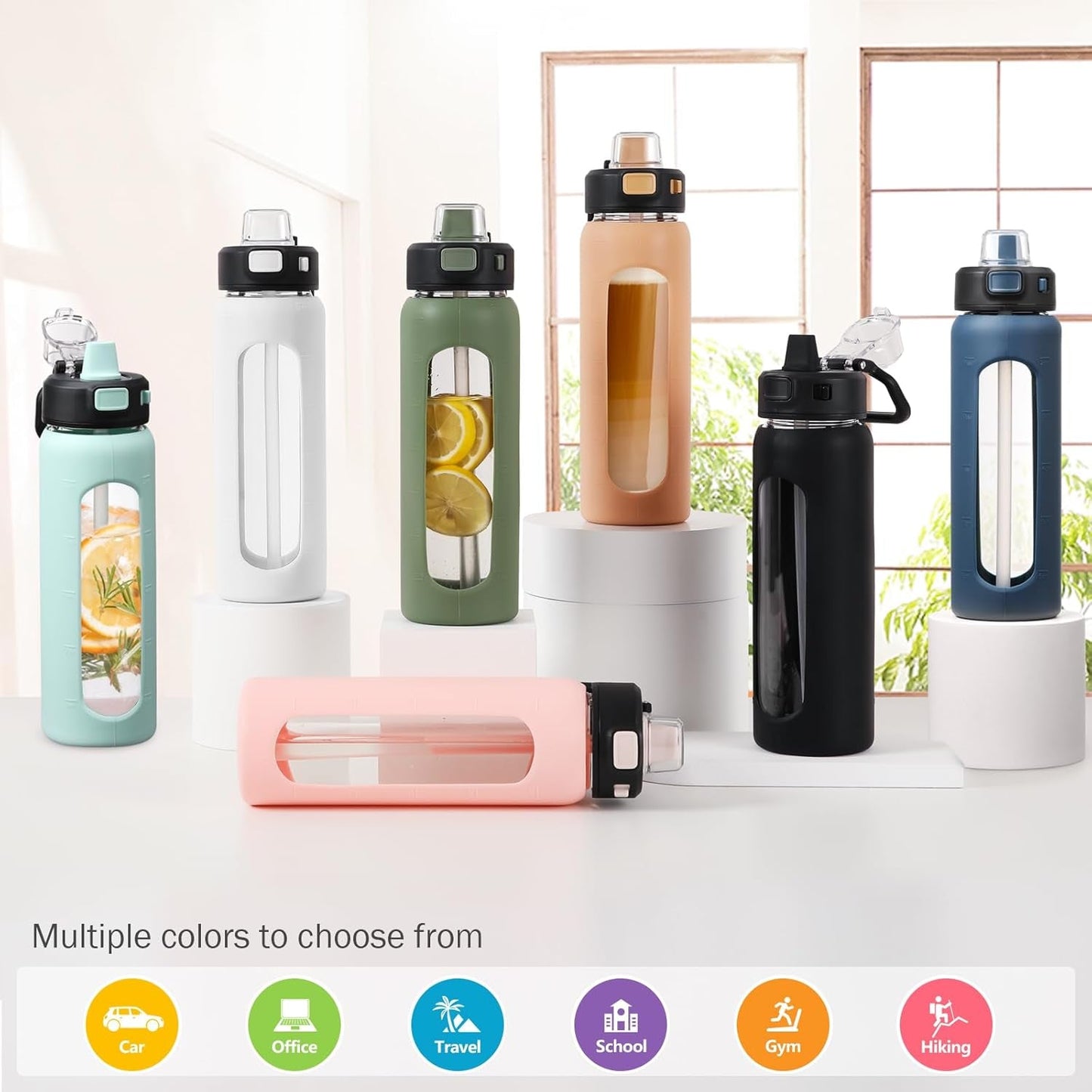 Water Bottle with Straw and Carry Handle, Glass Water Bottle 24 Oz Leak Proof Locking Lid with Soft Silicone Spout, Small Clear Water Bottle, Travel Sports Water Jug, Time Marker, White
