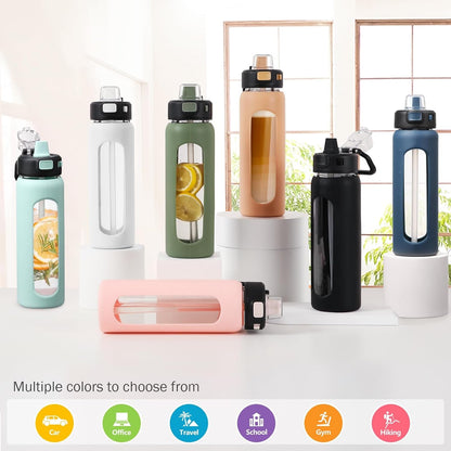 Water Bottle with Straw and Carry Handle, Glass Water Bottle 24 Oz Leak Proof Locking Lid with Soft Silicone Spout, Small Clear Water Bottle, Travel Sports Water Jug, Time Marker, White