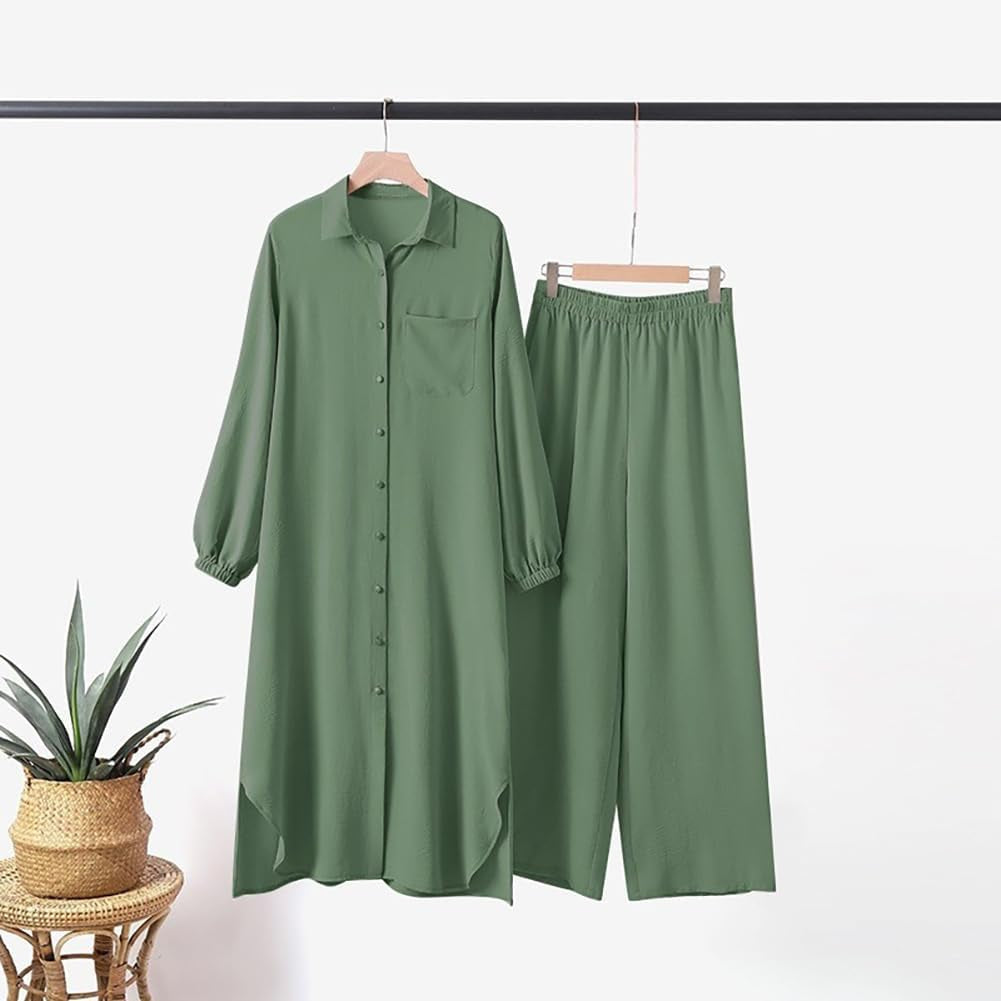 Women'S Muslim 2 Pieces Sets Long Sleeve Button down Shirt and Pants Abaya Casual Dress Dubai Outfits