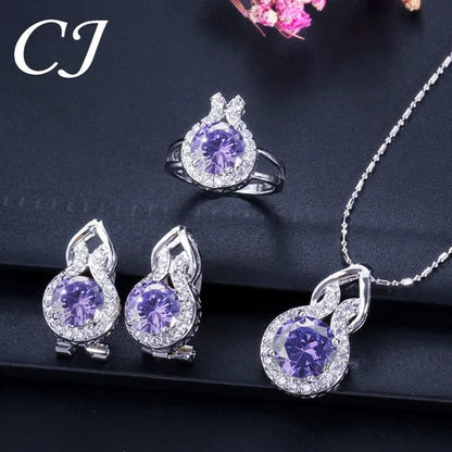 CANDICE Fashion Party Jewelry Set Sterling Silver Round Cut Blue Crystal Pendant Necklace Earrings Ring Set For Lady