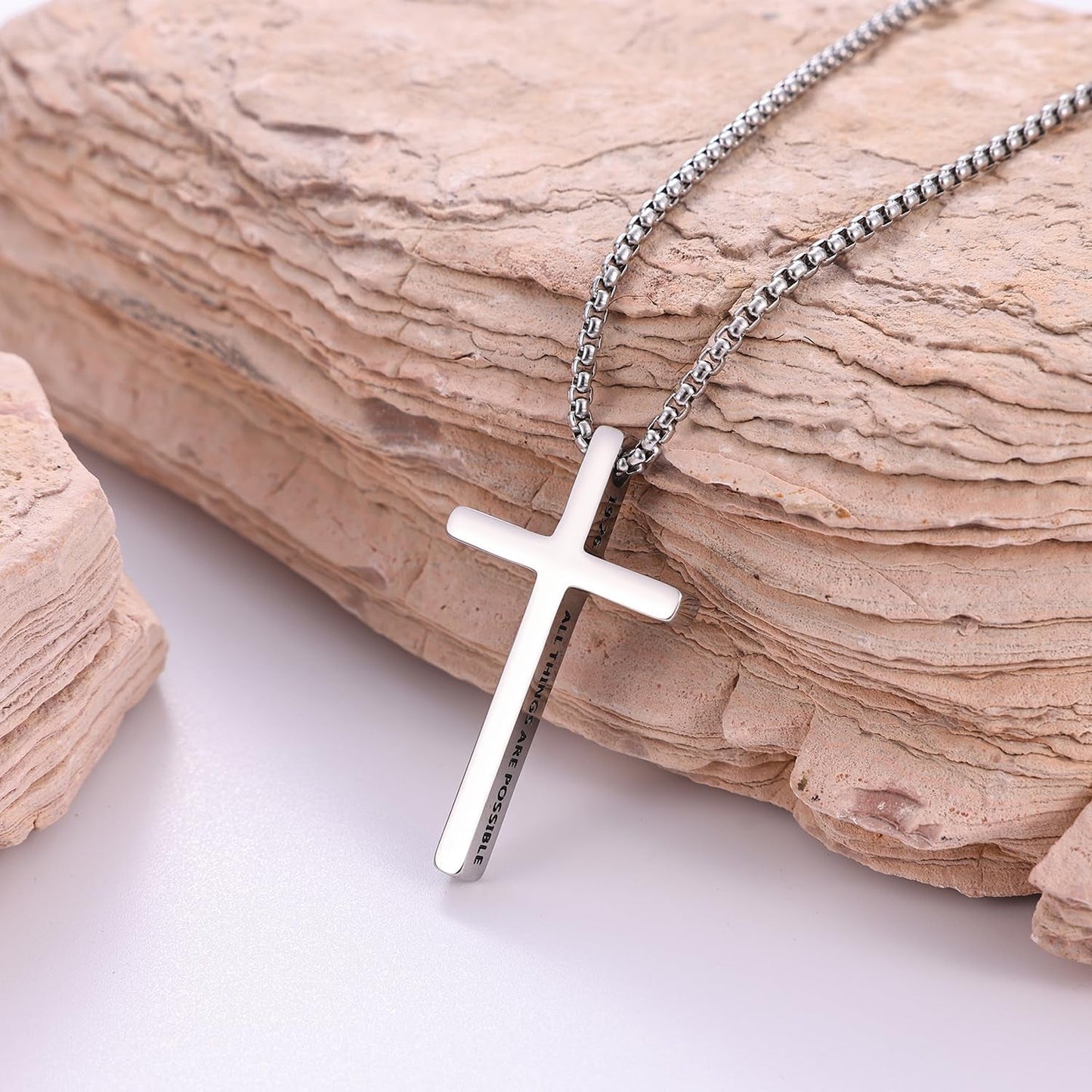 Cross Necklace for Men, Inspirational Bible Verse Cross Chain for Men, Stainless Steel Box Necklace, Religious Christian Jewelry Gift