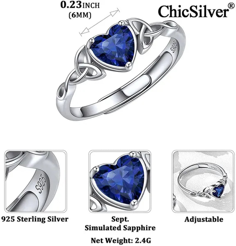 ChicSilver 925 Sterling Silver Rings for Women Gem Stone Heart Celtic Knot 12 Months Birthstone Jewelry for Her