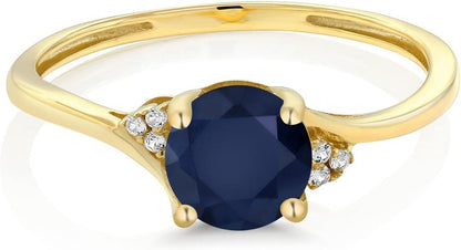 10K Yellow Gold Blue Sapphire and Diamond Accent Women Engagement Ring (1.05 Cttw, round 6MM, Available in Size 5, 6, 7, 8, 9)