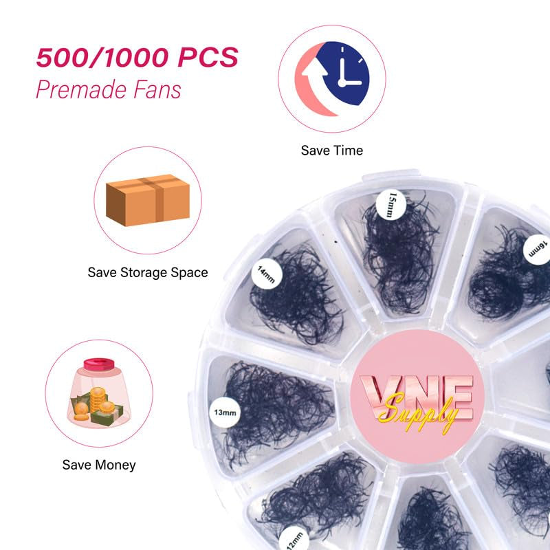 VNE Eyelashes 1000 Fans Tray Volume Lash Extensions Mixed Length | Premade Fans Eyelash Extensions | Mega Lash Extension | Promades Eyelash Fans | 10D, D Curl, 9-16Mm - WORLD TIME VISITS